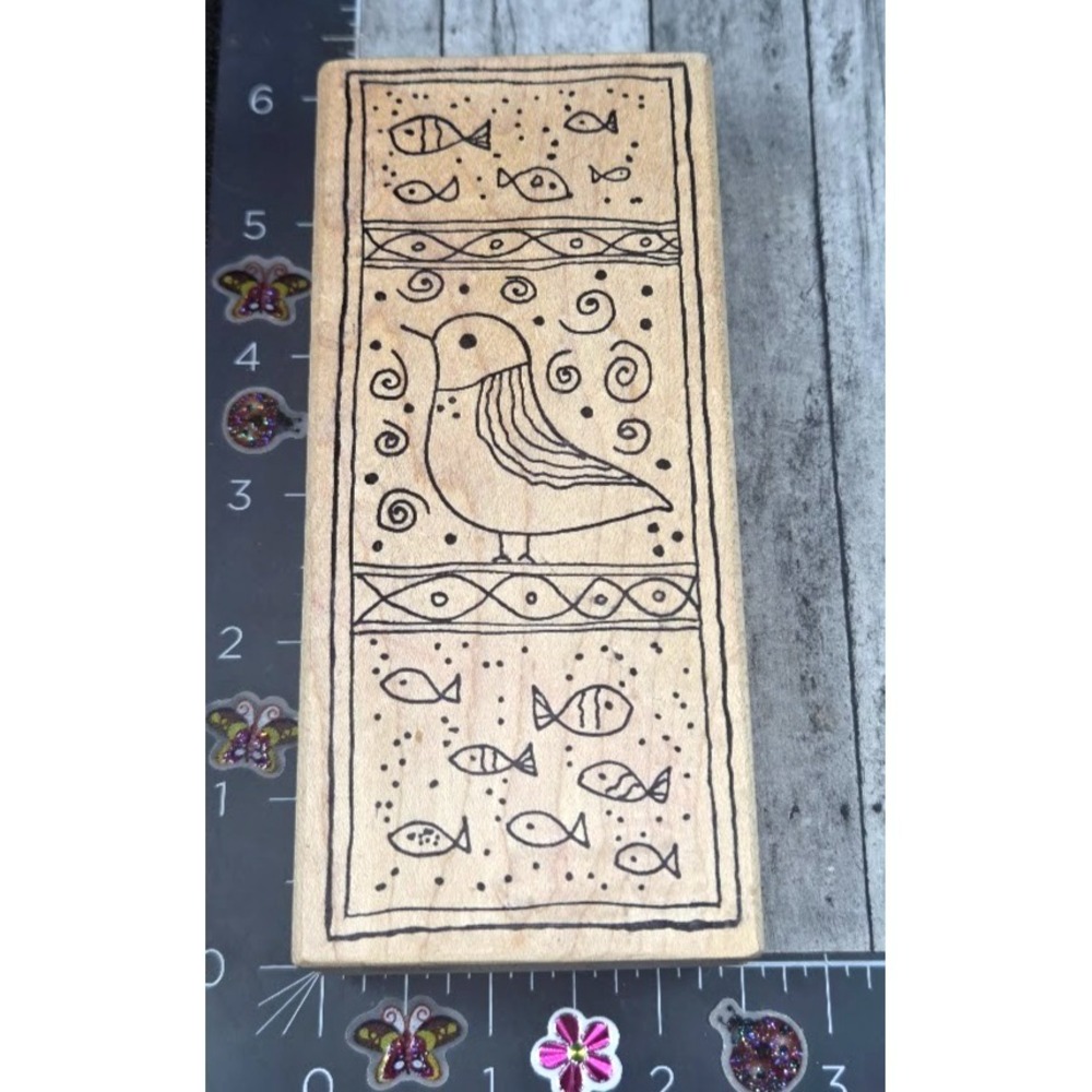 Magenta Partridge Bird Fish Border Bookmark Rubber Stamp Wood #A7